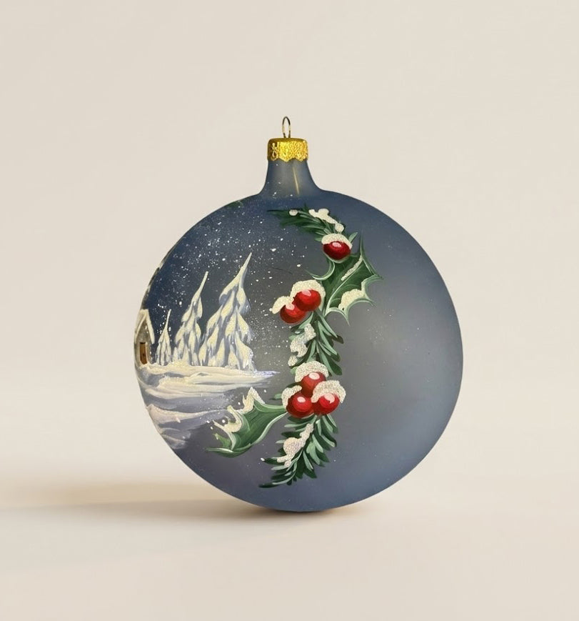Hand-painted blown glass sphere Ø 150 mm with snowy landscape and holly