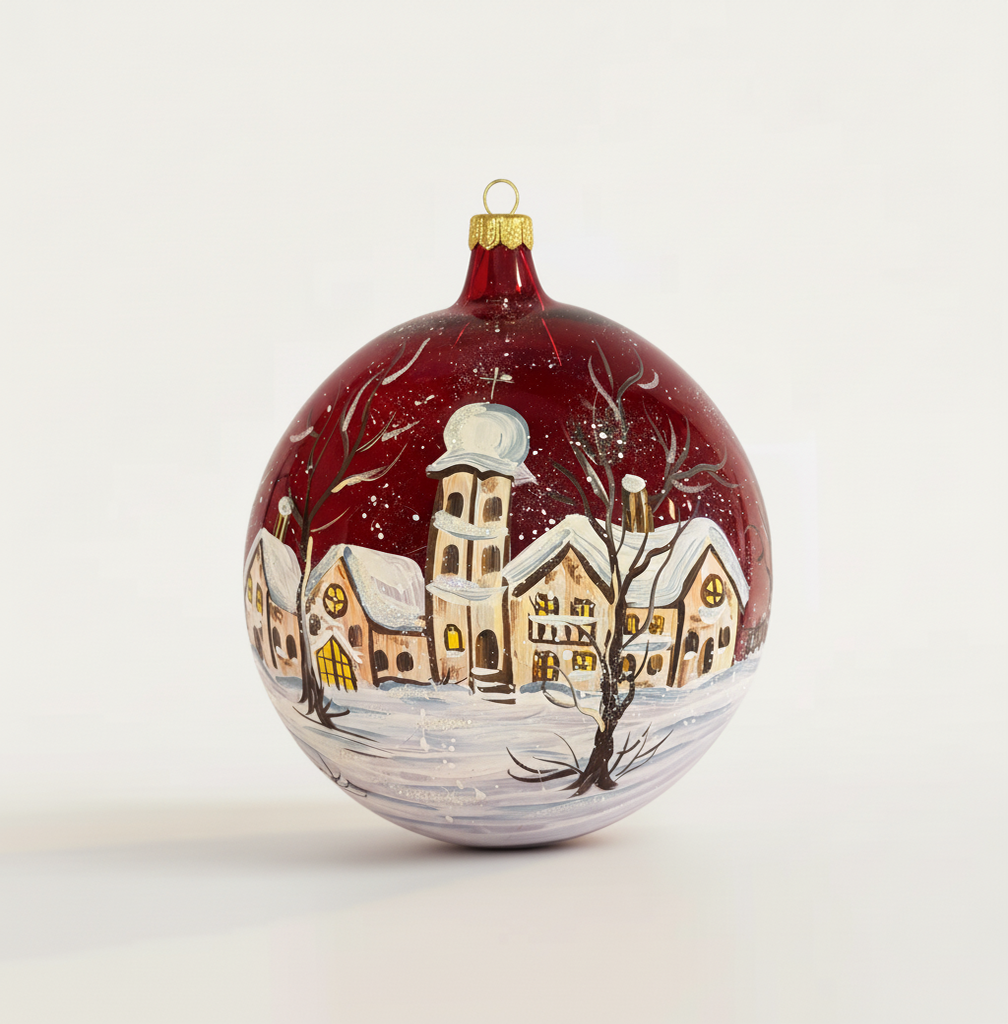 Hand-painted blown glass sphere Ø 150 mm with a snowy village on a red background