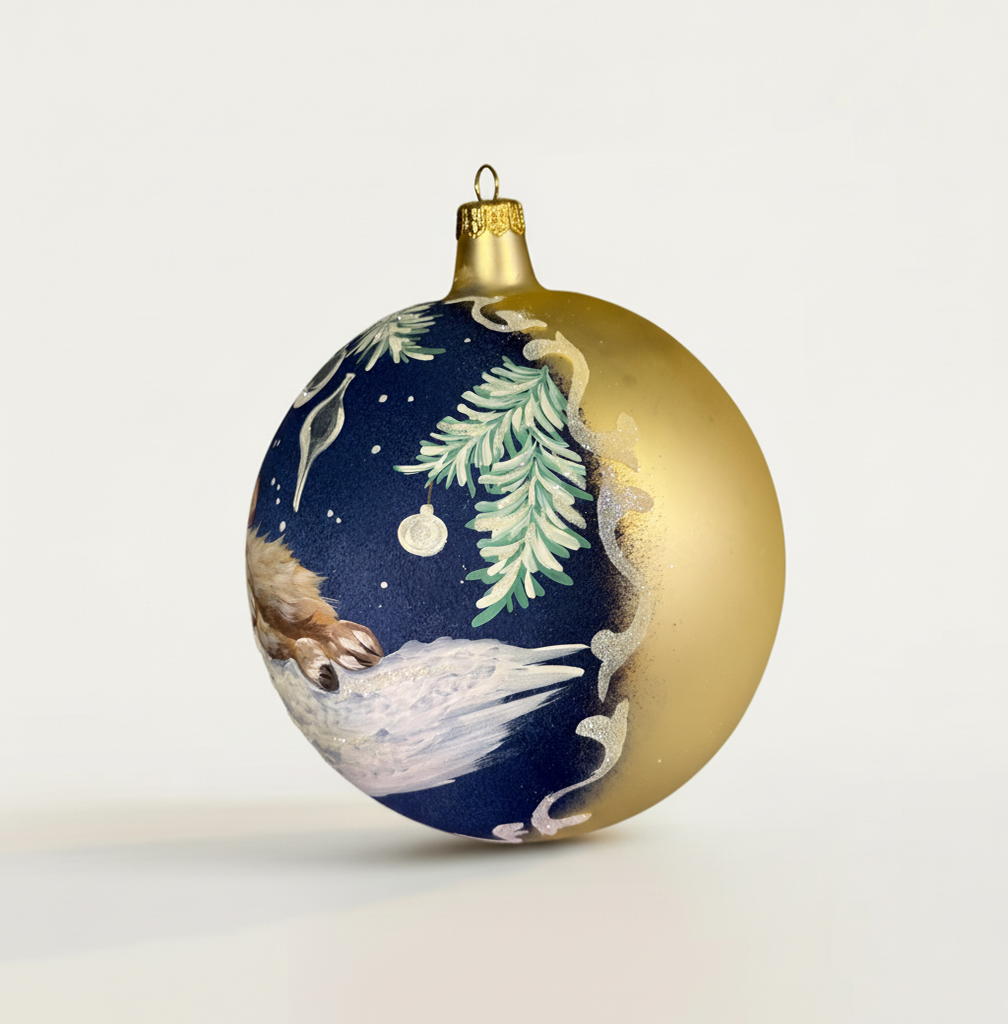 Sfera in vetro soffiato Ø 150 mm dipinta a mano con cucciolo di cane e decori natalizi