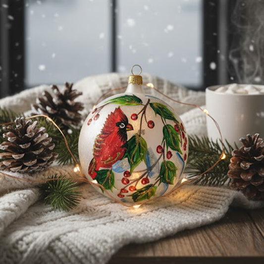 Hand-painted blown glass sphere Ø 100 mm with red cardinal and berry branches