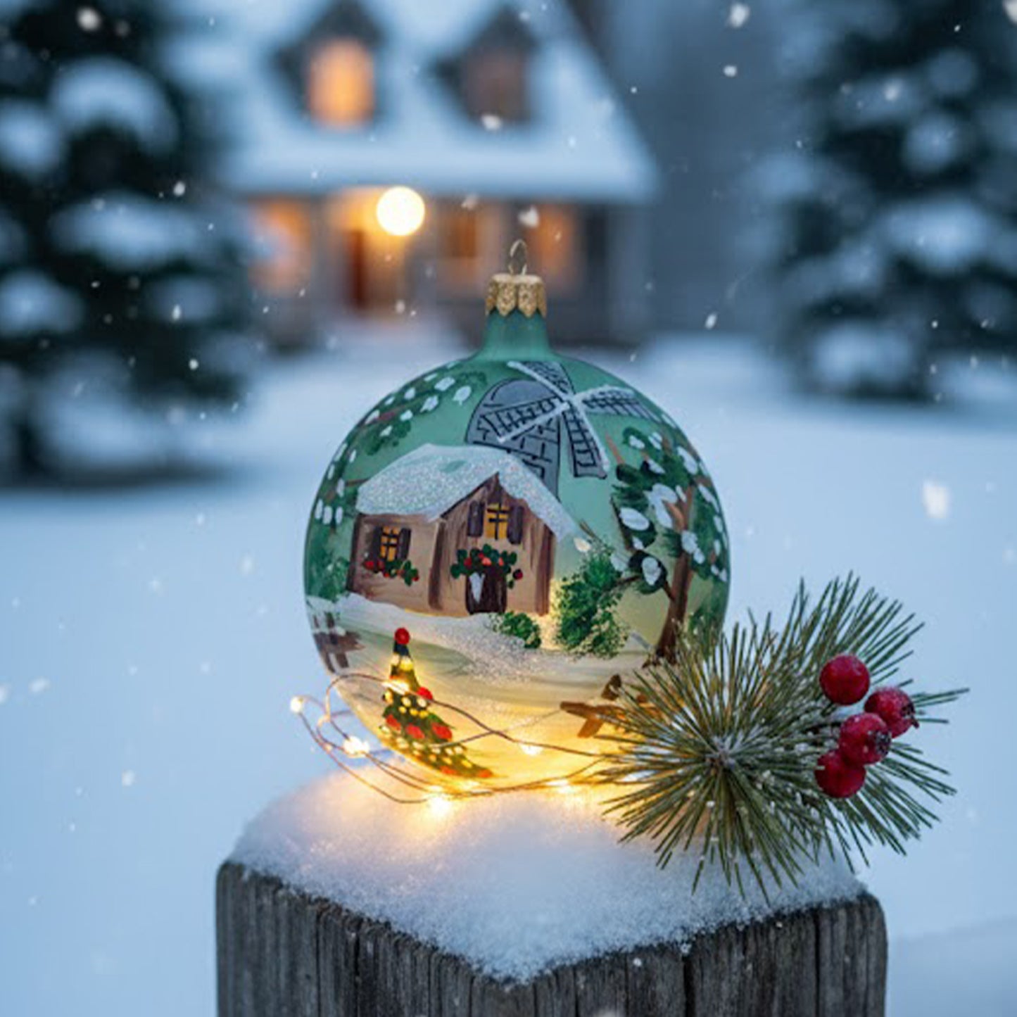 Hand-painted blown glass sphere Ø 100 mm with mill and snowy landscape