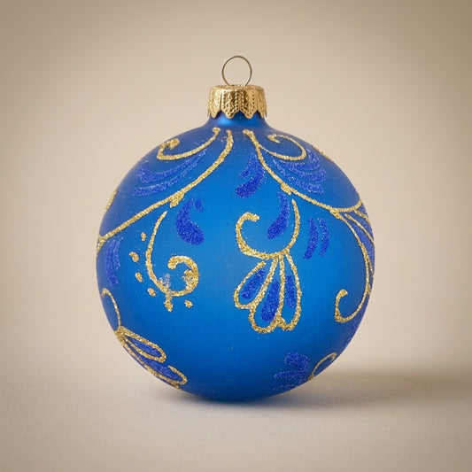 Palla di Natale Ø 10 cm dipinta a mano: arabesque oro su fondo blu