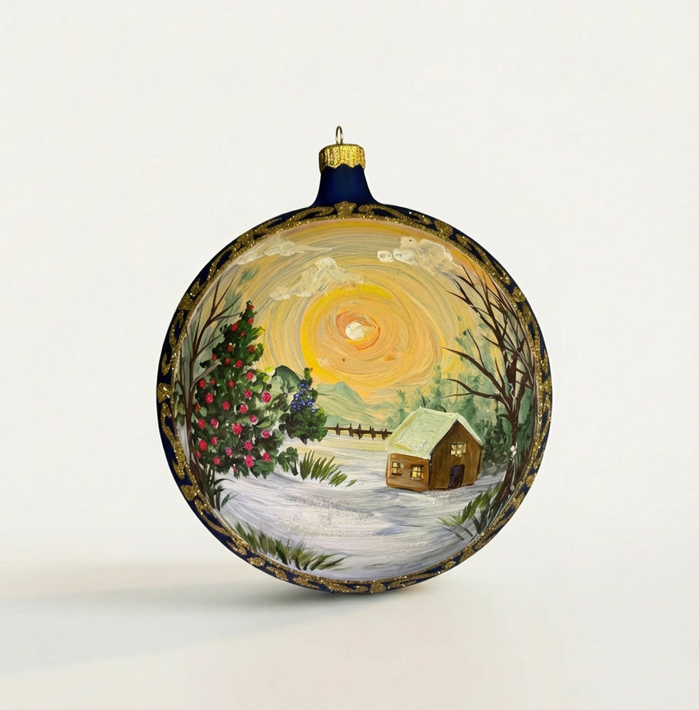 Hand-painted blown glass sphere Ø 150 mm with a sunset landscape