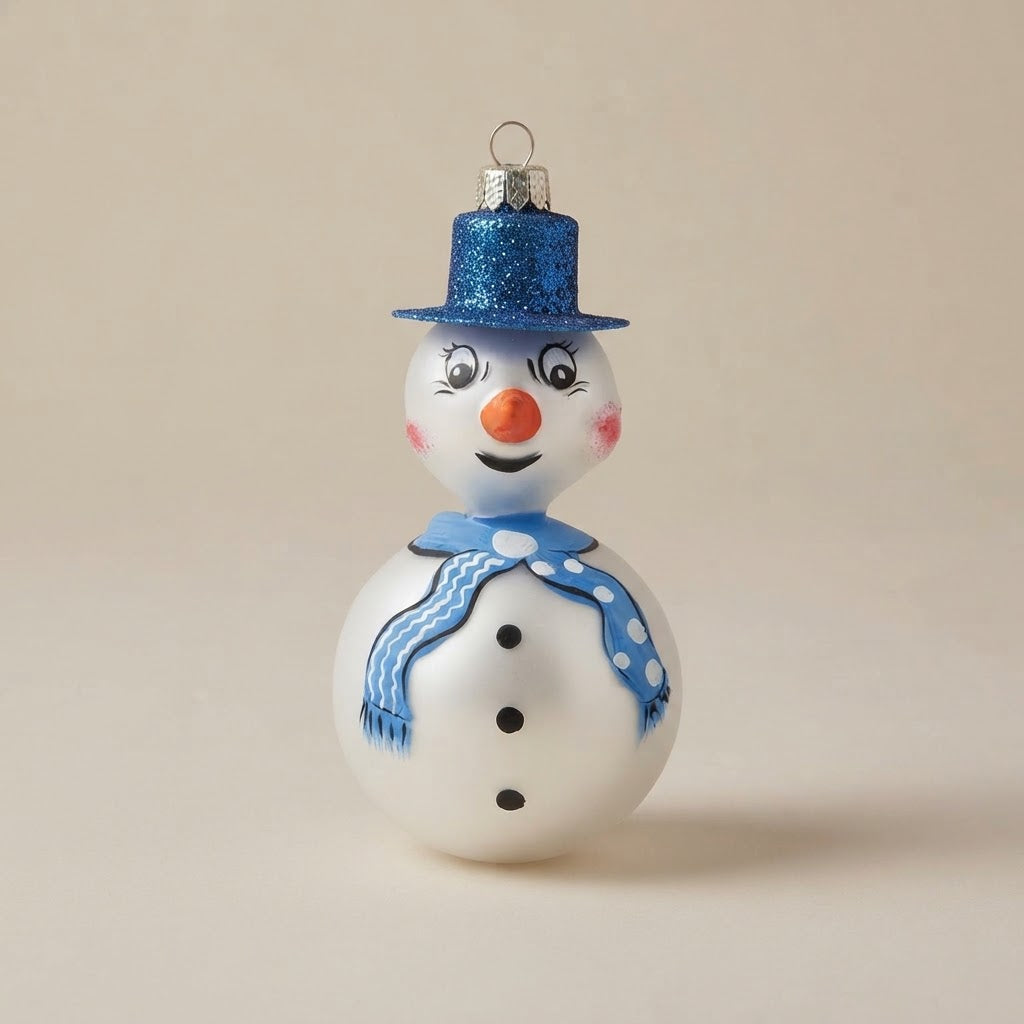 Snowman with blue scarf, hand-painted Christmas ornament
