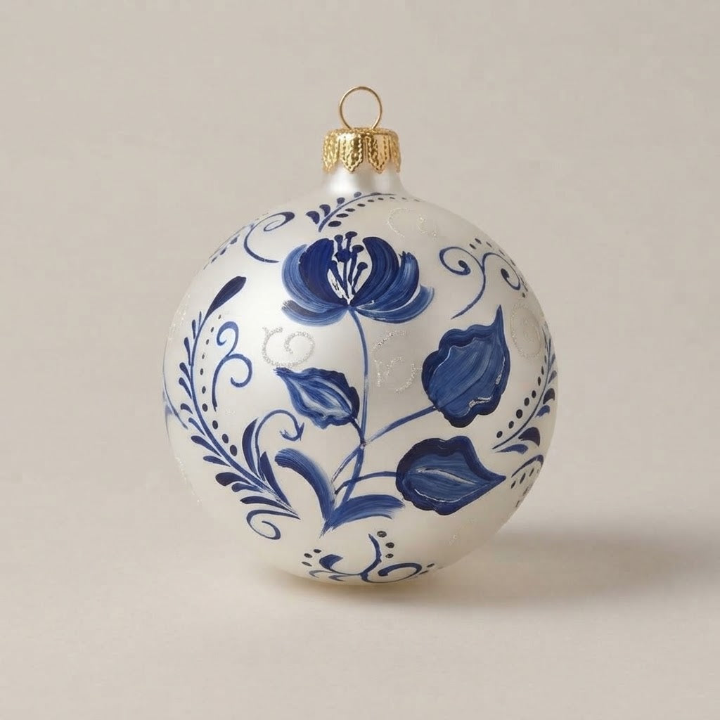 Hand-painted Christmas ornament: majolica style, blue flower and leaves on white