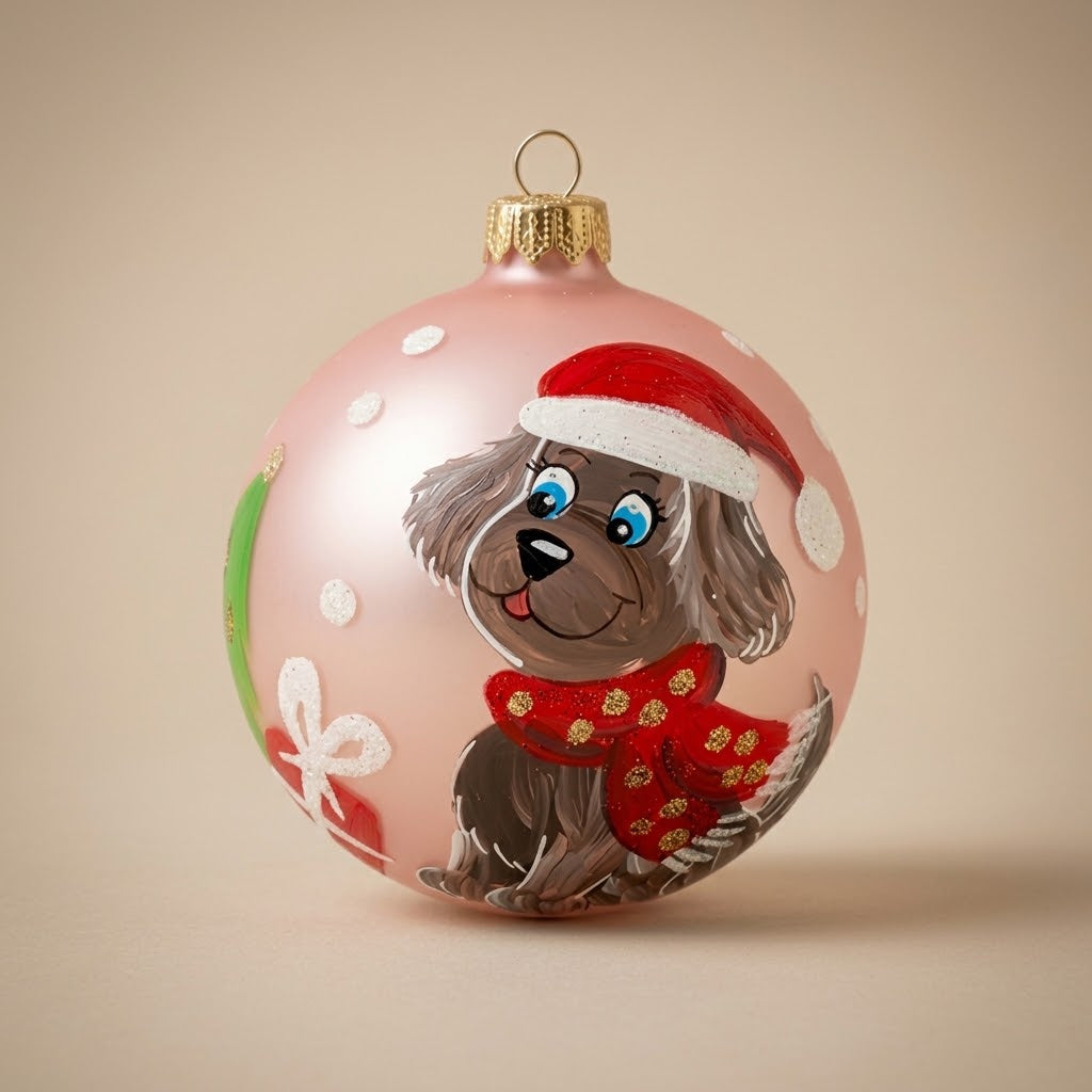 Palla di Natale Ø 10 cm dipinta a mano: cagnolino con cappello di Babbo Natale su fondo rosa