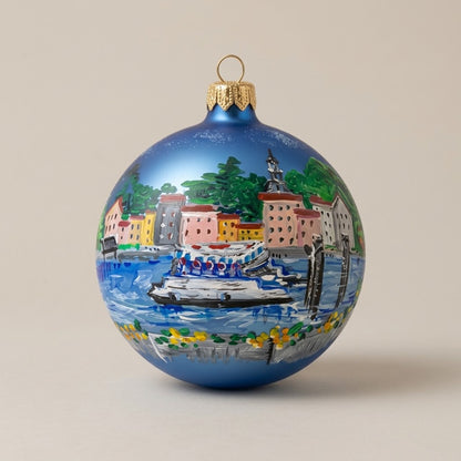 Palla di Natale Ø 12 cm dipinta a mano: Bellagio e traghetto su fondo blu