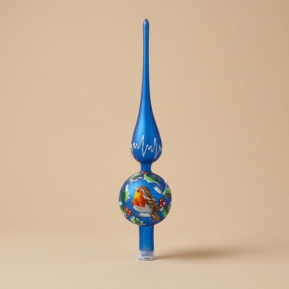 Puntale per albero di Natale pettirosso su blu dipinto a mano