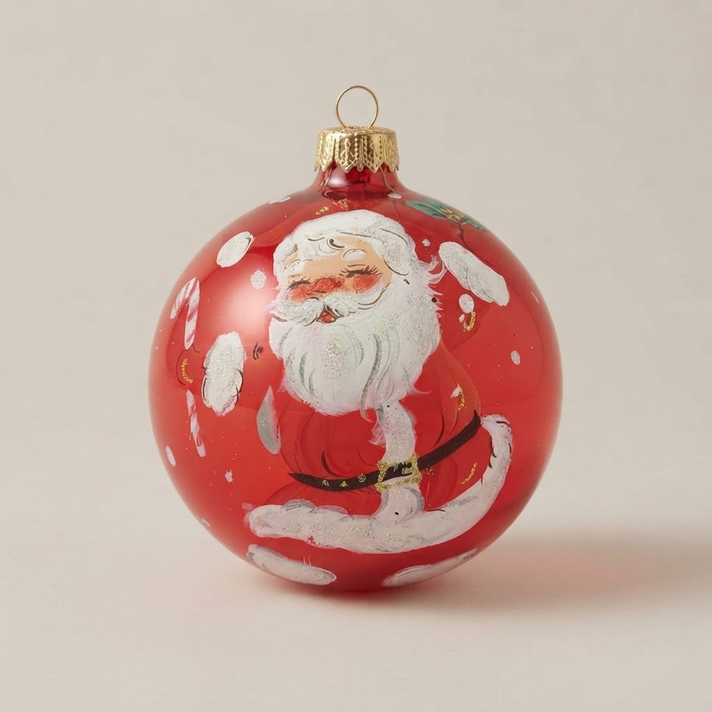 Hand-painted 4 in (10 cm) Christmas ornament: Santa Claus in the snow on red