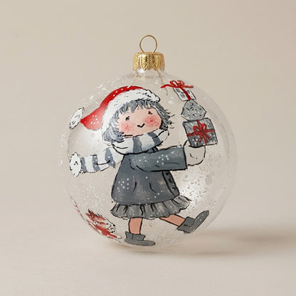 Palla di Natale Ø 12 cm dipinta a mano: bambina con pacco regalo su vetro trasparente