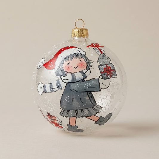 Palla di Natale Ø 12 cm dipinta a mano: bambina con pacco regalo su vetro trasparente