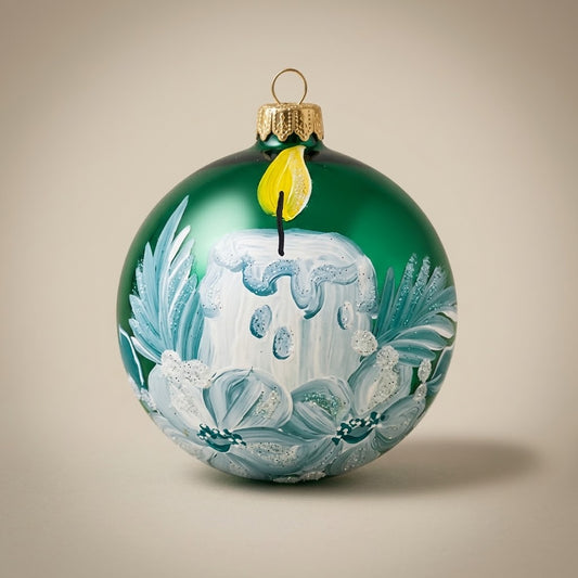 Palla di Natale Ø 10 cm dipinta a mano: candela bianca accesa su fondo verde