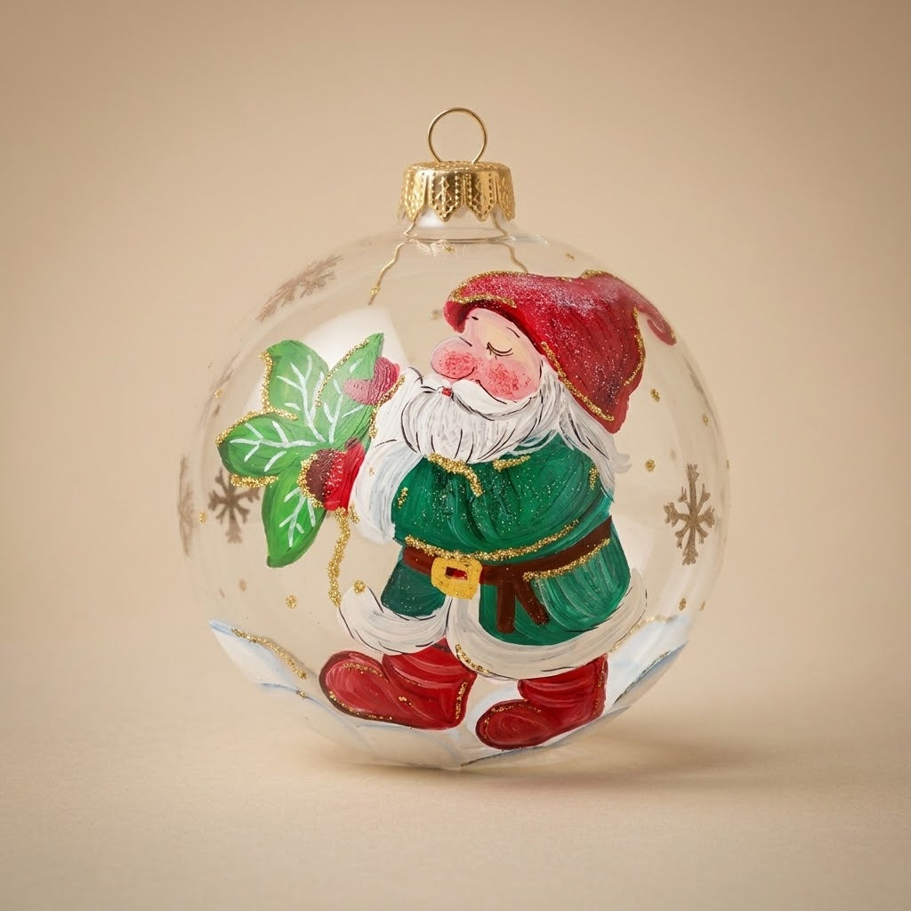 Palla di Natale Ø 10 cm dipinta a mano: gnomo con foglia verde su vetro trasparente