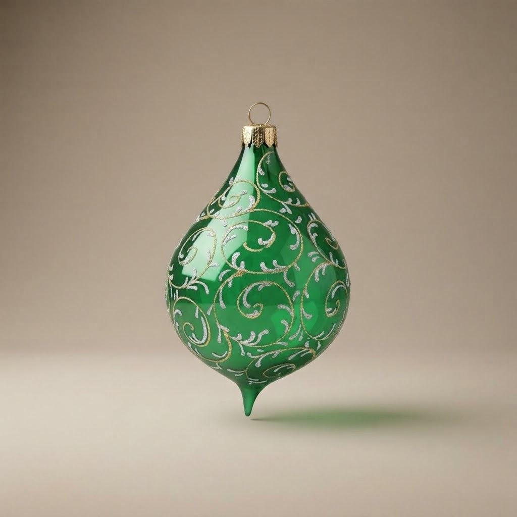 Christmas teardrop ornament with green arabesque, hand-painted
