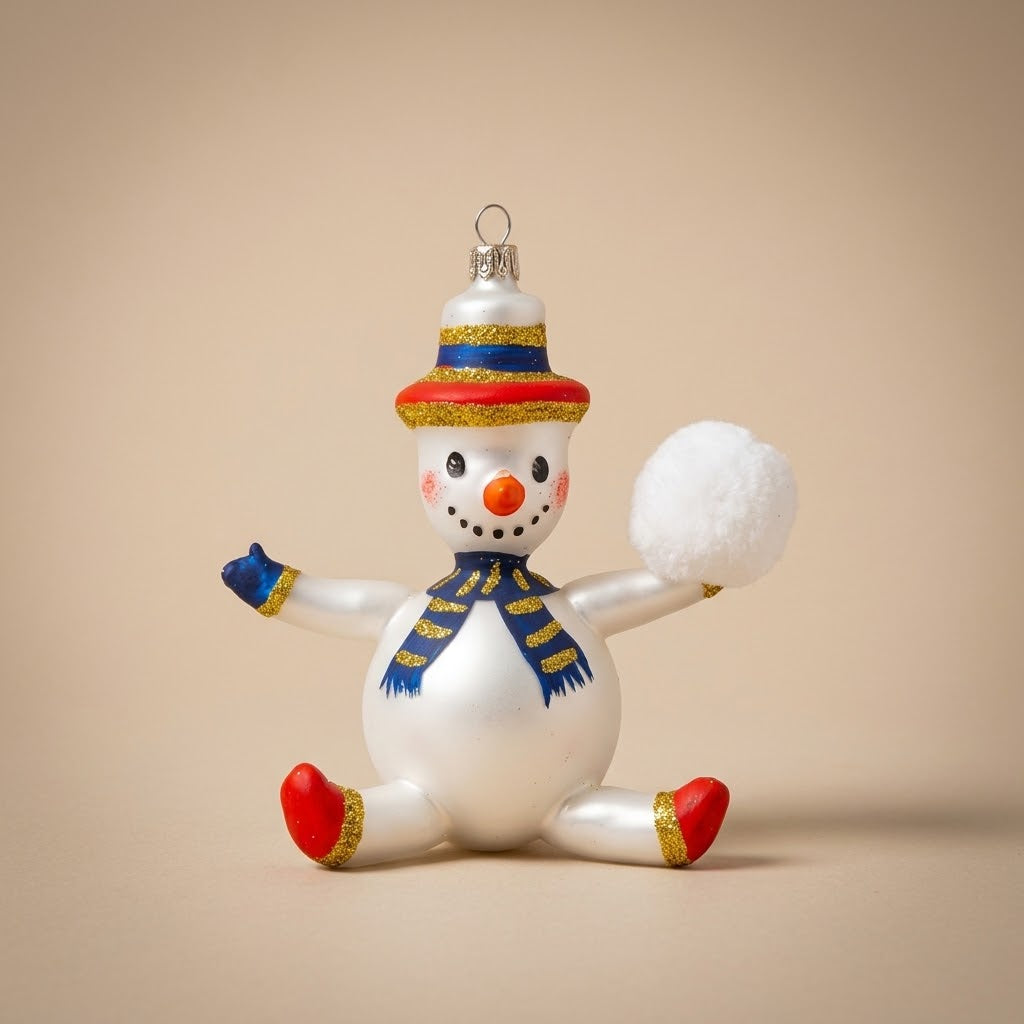 Pupazzo di neve con palla di neve, decorazione di Natale dipinta a mano