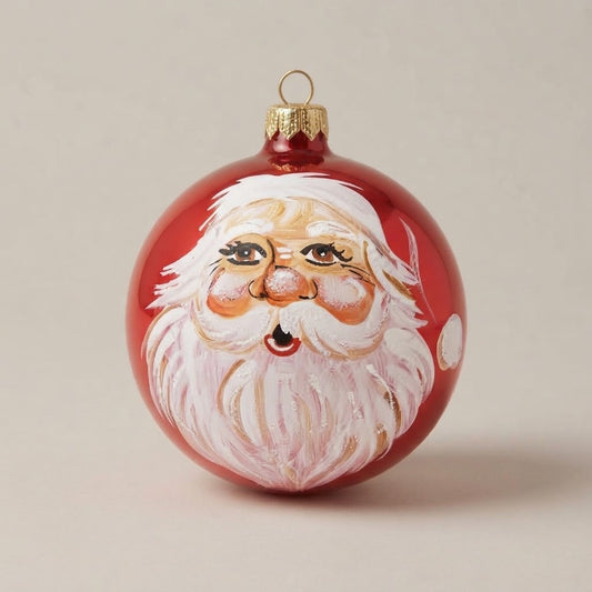 Palla di Natale Ø 10 cm dipinta a mano: volto di Babbo Natale su fondo rosso lucido