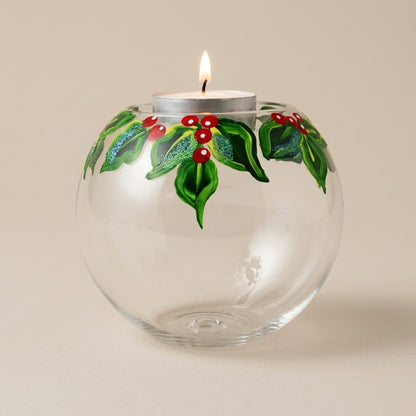 Portacandele di Natale pungitopo dipinto a mano