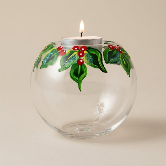 Portacandele di Natale pungitopo dipinto a mano