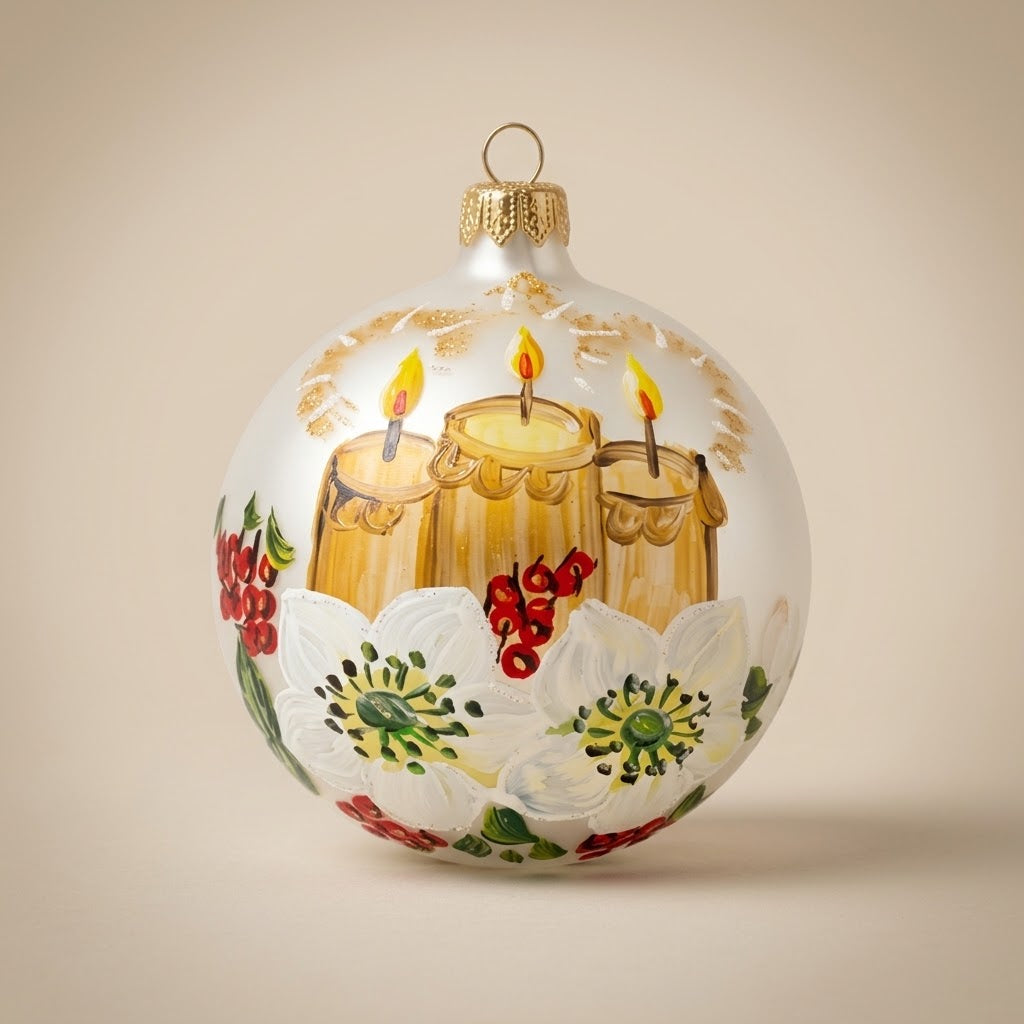 Palla di Natale Ø 10 cm dipinta a mano: candele e fiori d'inverno