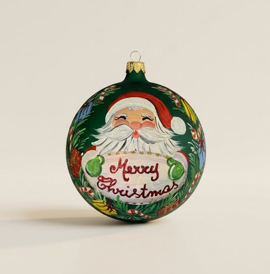 Sfera in vetro soffiato Ø 150 mm dipinta a mano con Babbo Natale e scritta Merry Christmas