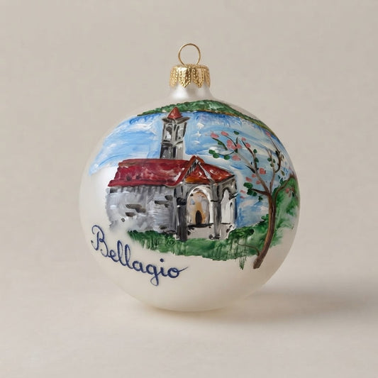 Palla di Natale Ø 10 cm dipinta a mano: chiesa di San Martino e scritta Bellagio