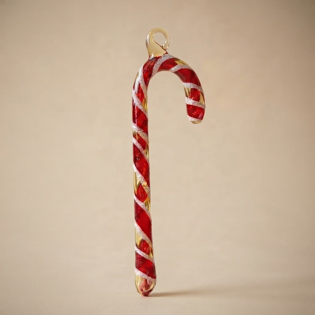 Christmas candy cane in hand-decorated glass