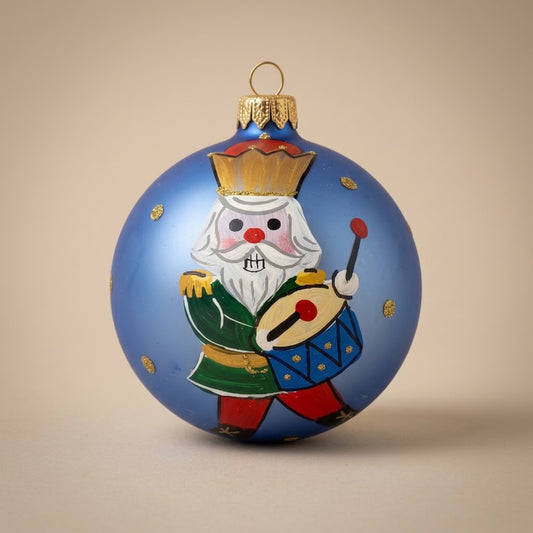 Palla di Natale Ø 10 cm dipinta a mano: schiaccianoci con tamburo su fondo azzurro