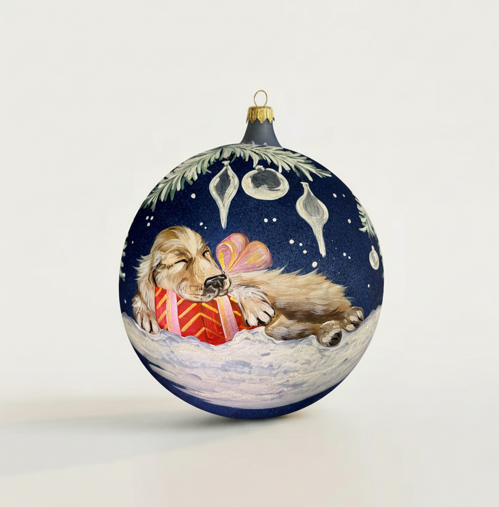 Sfera in vetro soffiato Ø 150 mm dipinta a mano con cucciolo di cane e decori natalizi