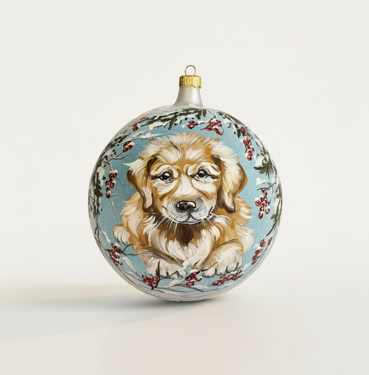 Sfera in vetro soffiato Ø 150 mm dipinta a mano con cane e decori invernali