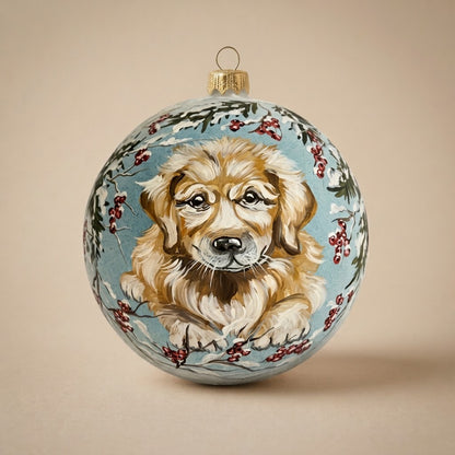 Palla di Natale Ø 15 cm dipinta a mano: cucciolo dorato con pigne e bacche