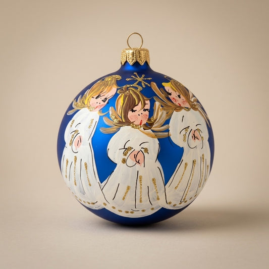 Palla di Natale Ø 10 cm dipinta a mano: tre angioletti su blu notte