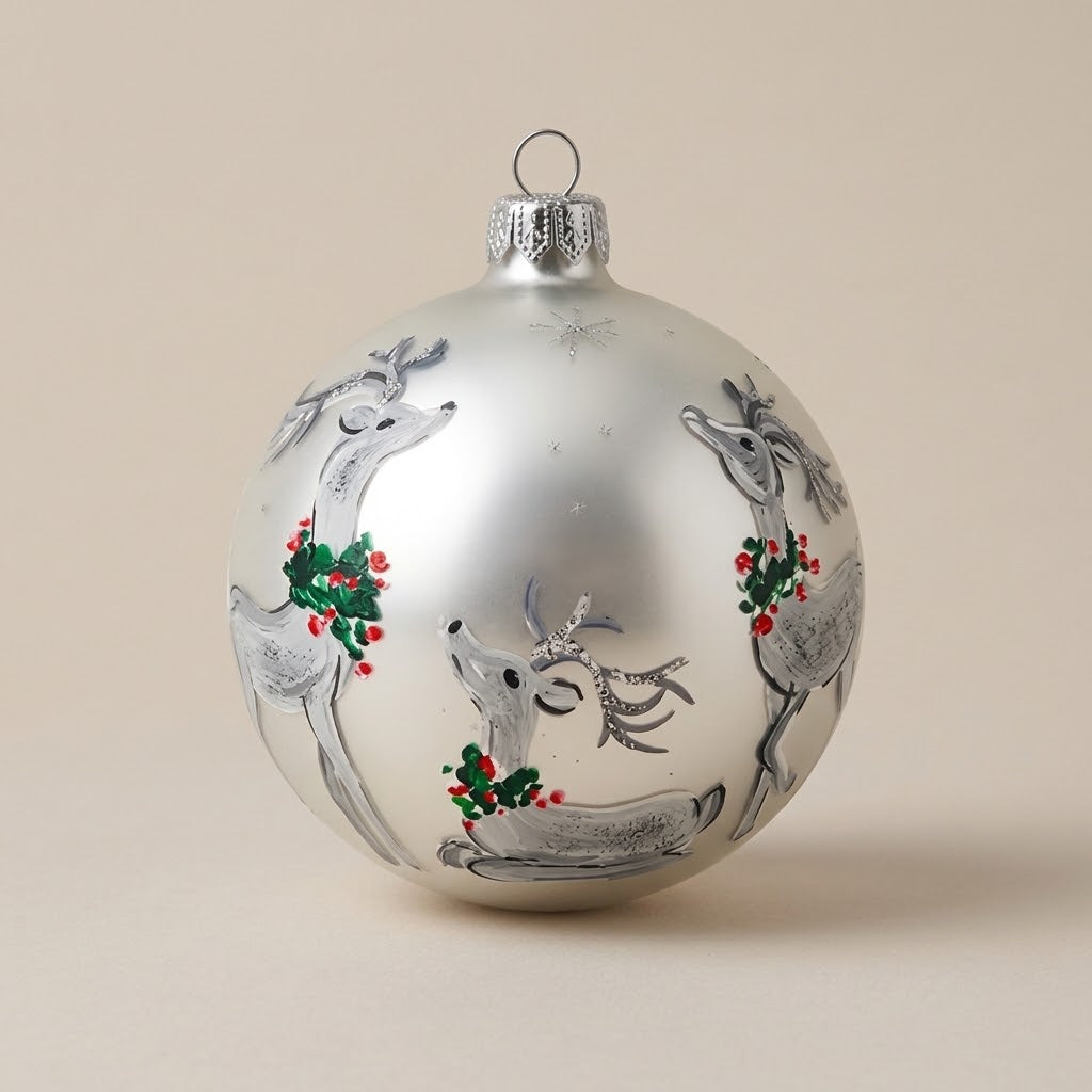 Palla di Natale Ø 10 cm dipinta a mano: cervi grigi con agrifoglio su fondo argento