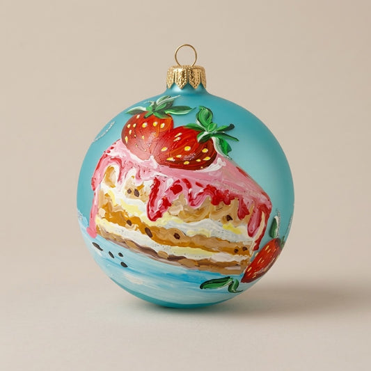 Palla di Natale Ø 10 cm dipinta a mano: fetta di torta alle fragole su fondo turchese