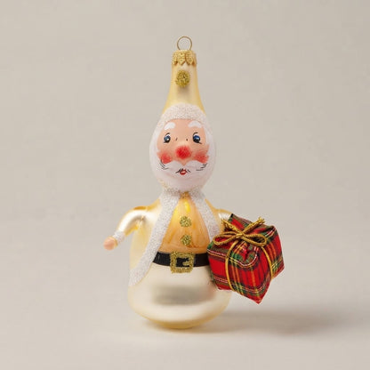 Babbo Natale oro con pacco regalo, decorazione di Natale dipinta a mano