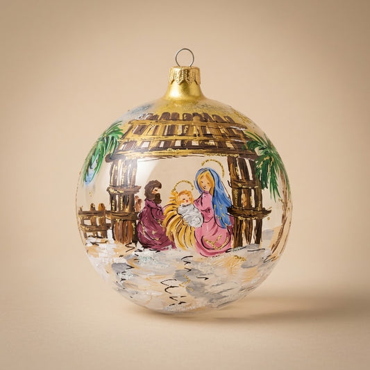 Palla di Natale Ø 12 cm dipinta a mano: Natività sotto la capanna
