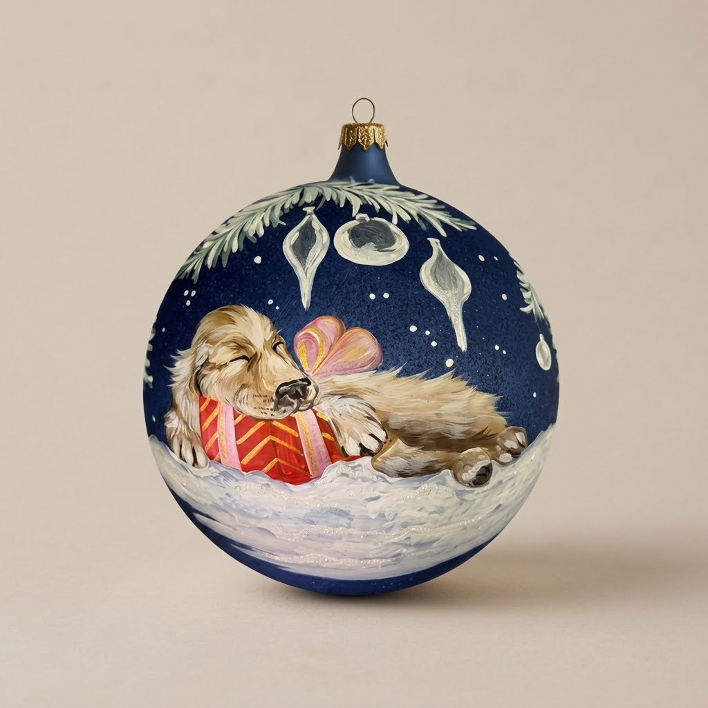 Palla di Natale Ø 15 cm dipinta a mano: cucciolo addormentato con pacco regalo