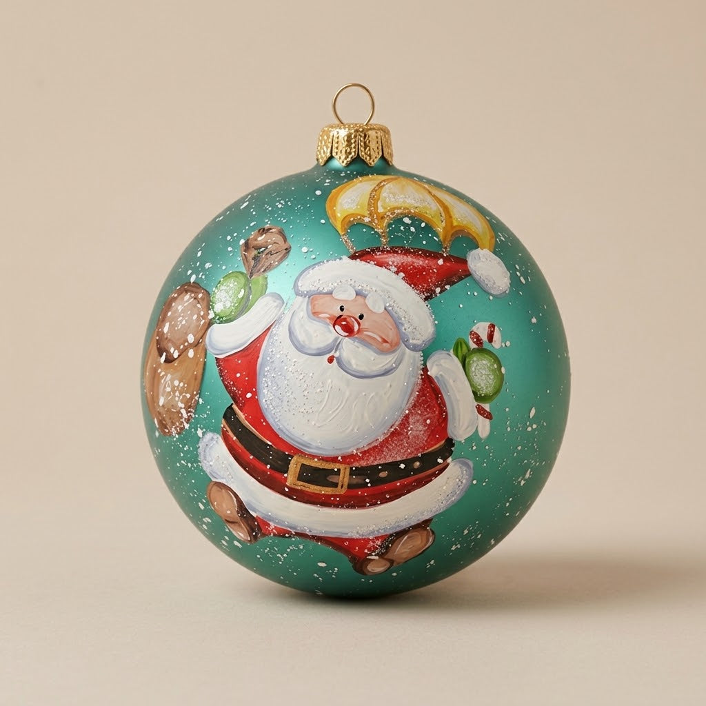 Palla di Natale Ø 12 cm dipinta a mano: Babbo Natale col paracadute su turchese