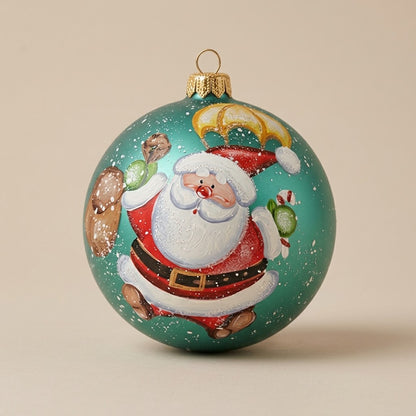 Palla di Natale Ø 12 cm dipinta a mano: Babbo Natale col paracadute su turchese