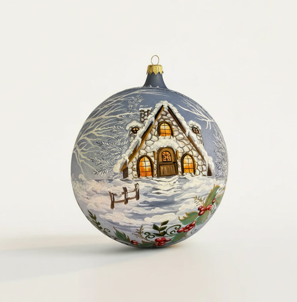 Sfera in vetro soffiato Ø 150 mm dipinta a mano con casetta innevata