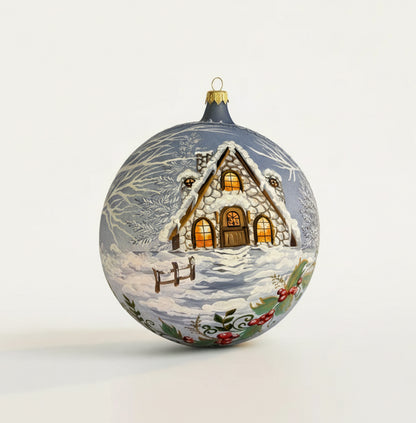 Sfera in vetro soffiato Ø 150 mm dipinta a mano con casetta innevata