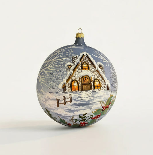 Sfera in vetro soffiato Ø 150 mm dipinta a mano con casetta innevata