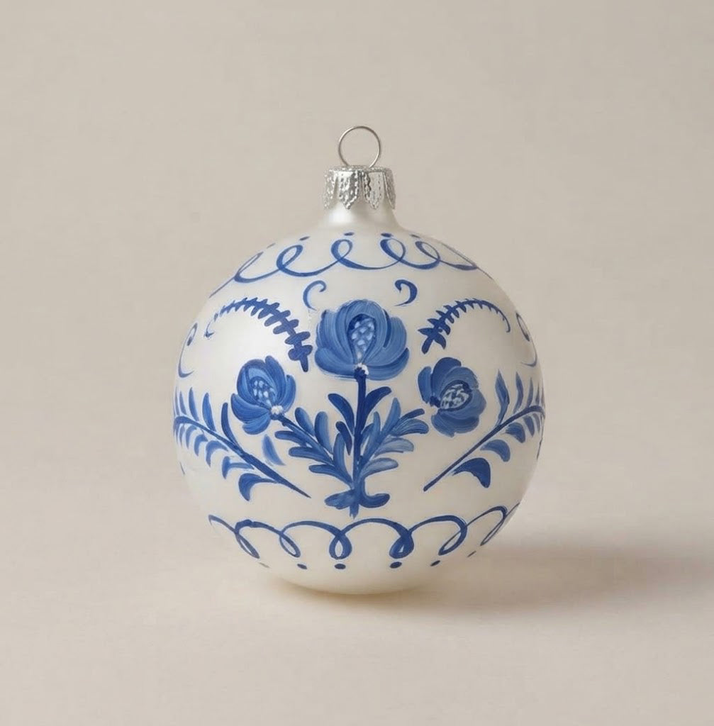 Hand-painted Christmas ornament: majolica style, blue roses on white