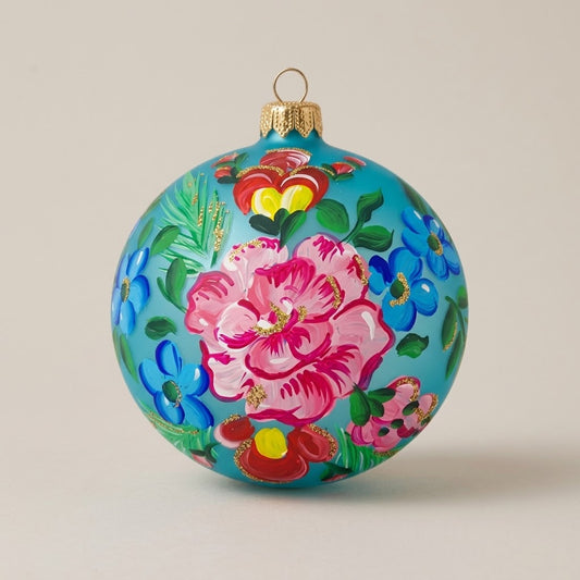 Palla di Natale Ø 10 cm dipinta a mano: peonia rosa e fiori multicolori su fondo turchese