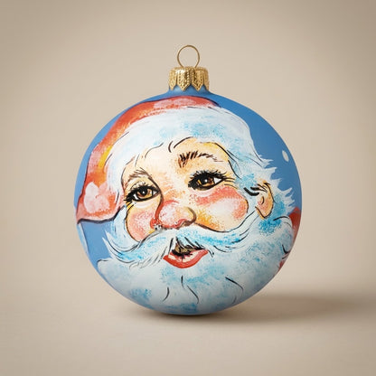 Palla di Natale Ø 10 cm dipinta a mano: volto di Babbo Natale su fondo azzurro