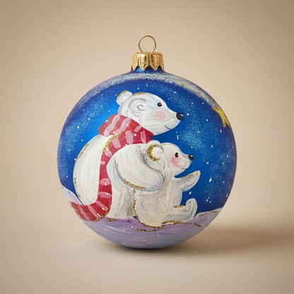 Hand-painted 4 in (10 cm) Christmas ornament: polar bears with scarves on blue