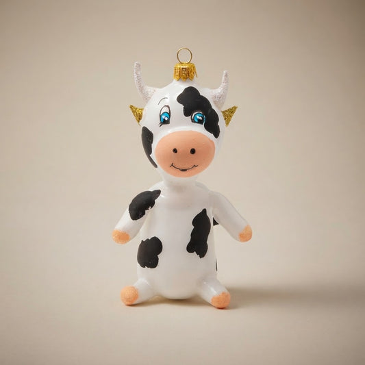 Black and white cow, hand-painted Christmas ornament