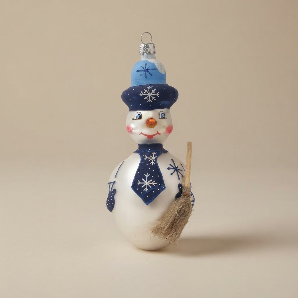 Snowman with blue tie, hand-painted Christmas ornament