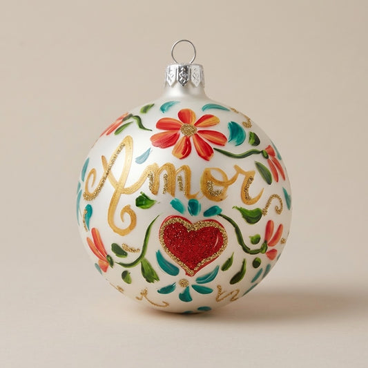 Palla di Natale Ø 10 cm dipinta a mano: scritta Amor, cuore e fiori