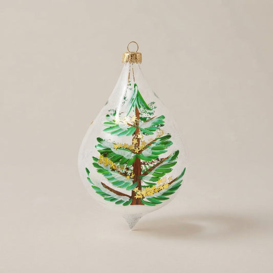 Christmas teardrop ornament with Christmas tree on clear glass, hand-painted