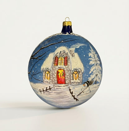 Hand-painted blown glass sphere Ø 150 mm with a snowy house